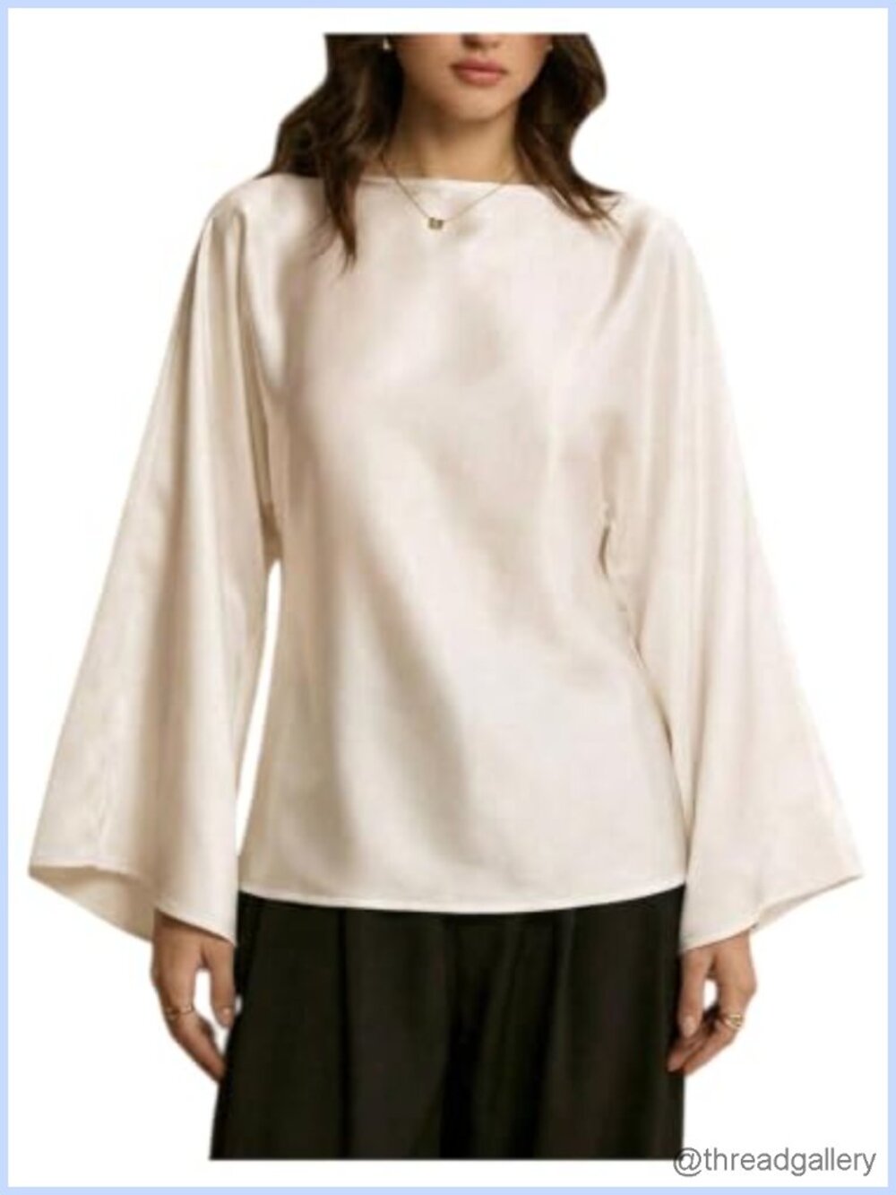 Satin Cinched Waist Blouse Long Sleeve Boat Neck Flare Sleeve